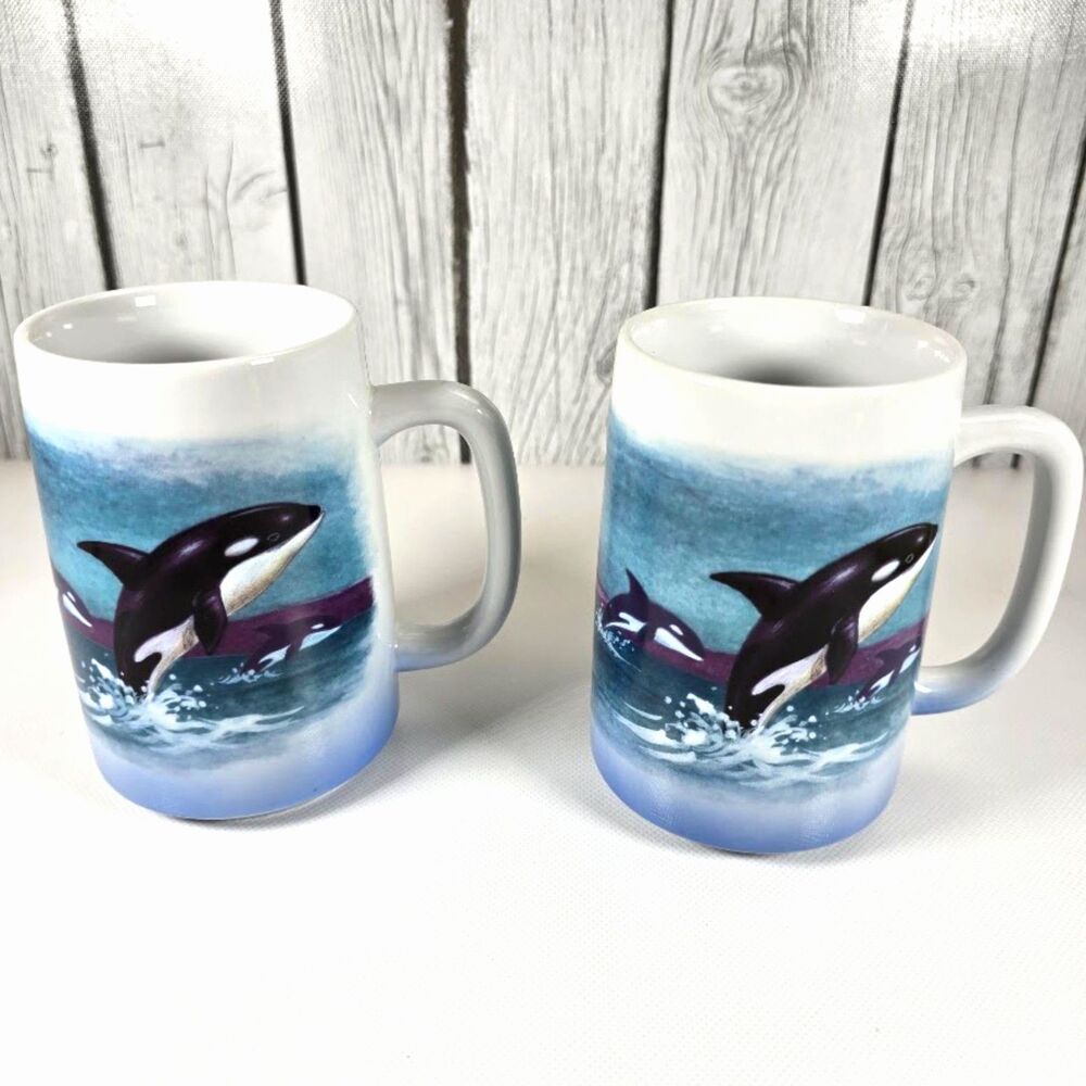 Vintage Otagiri Japan Killer Whale Hand Painted Ceramic Coffee Mug Set of 2